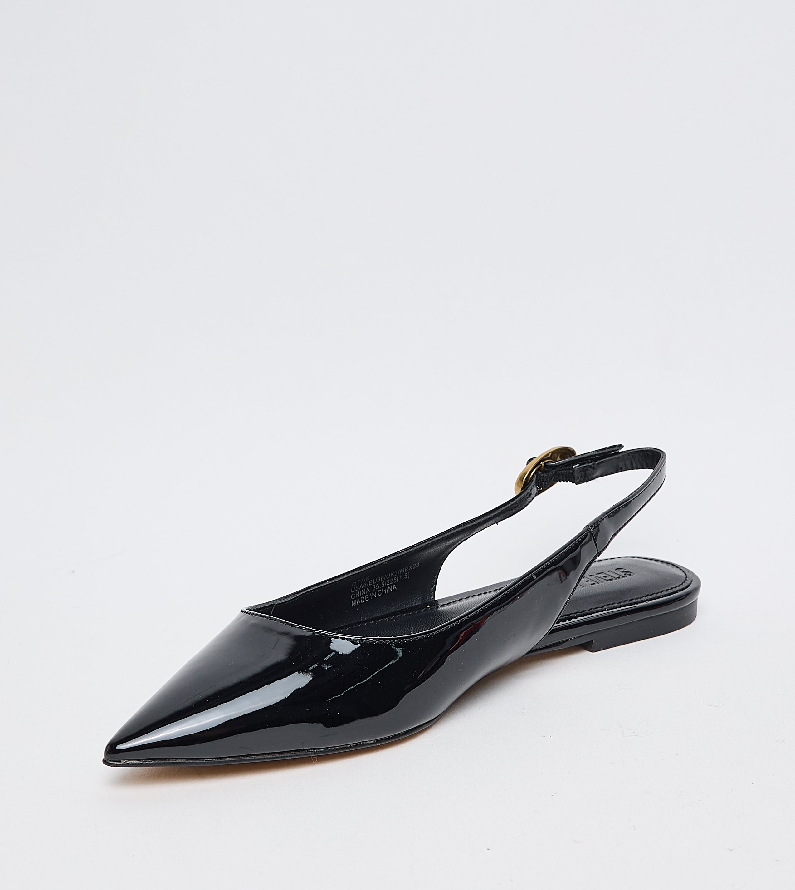 Steve Madden Ottie black patent flat sandals, side view