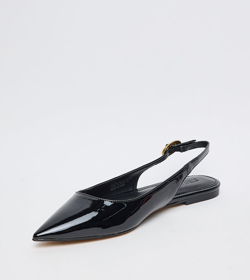 Steve Madden Ottie black patent flat sandals, side view