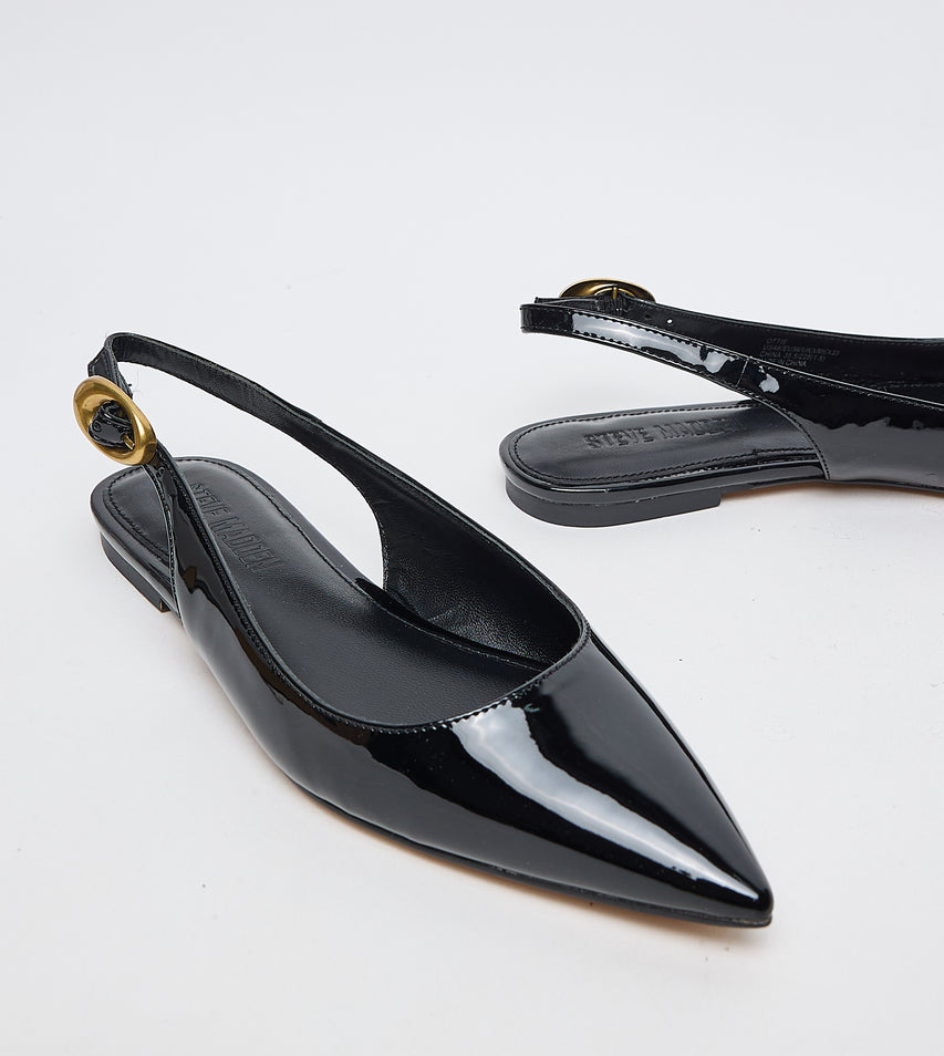 Steve Madden Ottie black patent flat sandals, sole view