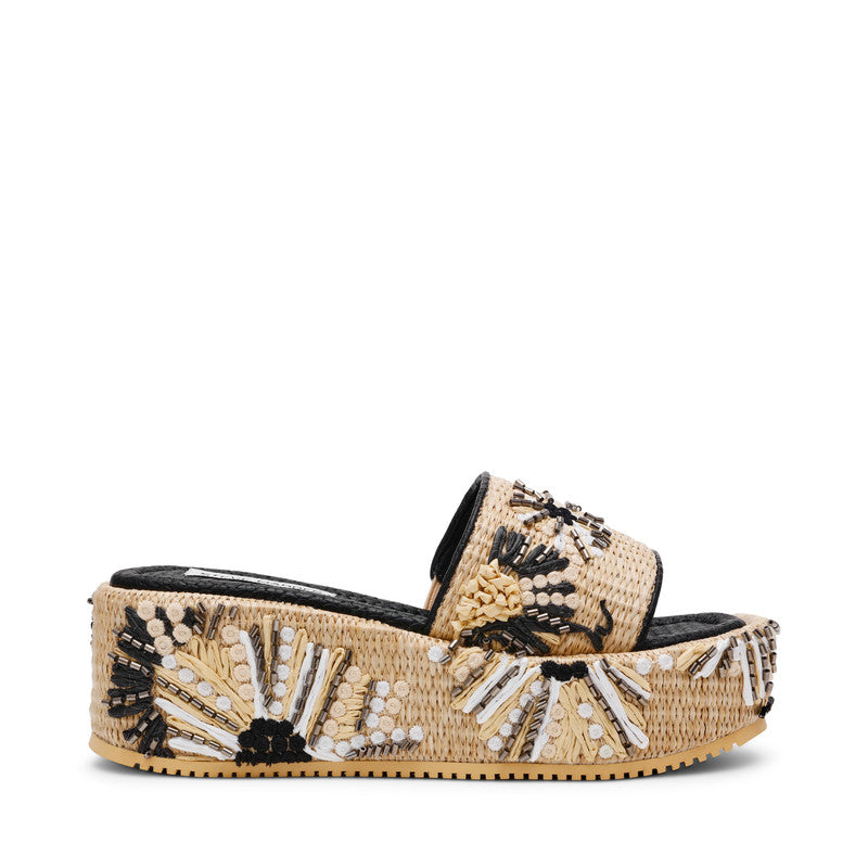 Steve Madden Decor-Emb women's black raffia wedge sandals, back view