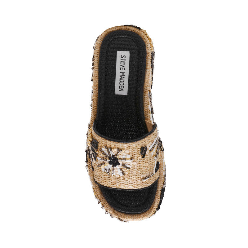 Steve Madden Decor-Emb women's black raffia wedge sandals, sole view