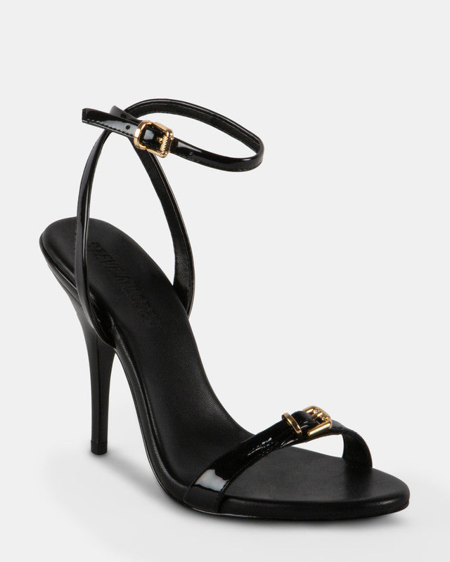 Steve Madden Foxx Women's Black Patent Heeled Sandals - front three-quarter view