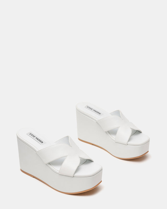 Steve Madden JUSTICE2.0 Women's White Leather Heeled Sandals - pair three-quarter view