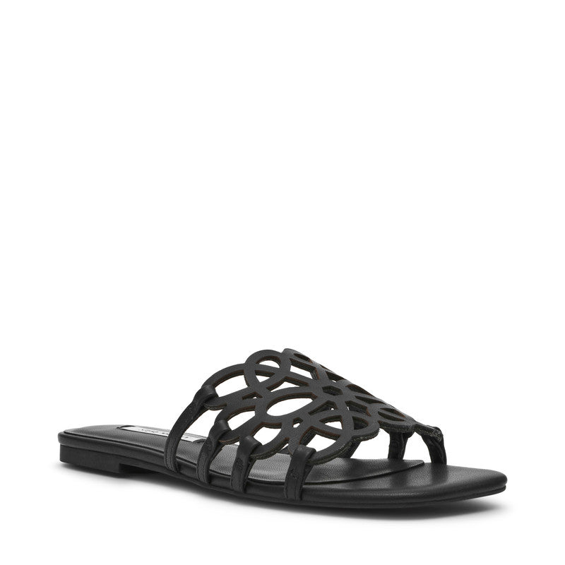 Steve Madden Lotus Women's Black Leather Flat Sandals - front three-quarter view