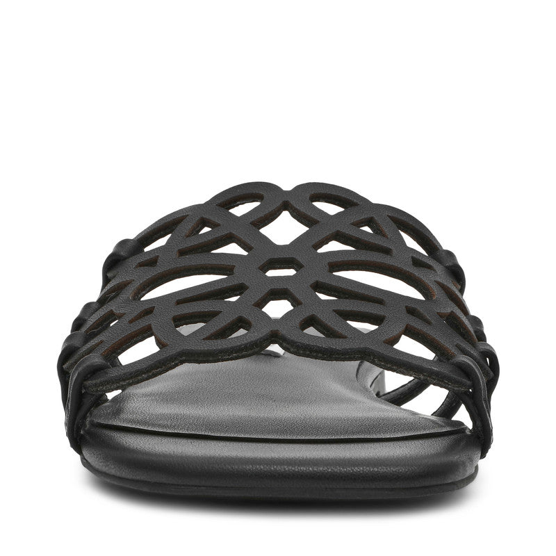 Steve Madden Lotus Women's Black Leather Flat Sandals - front view