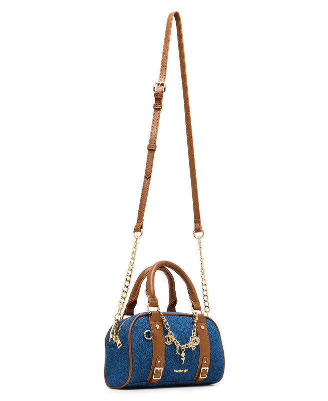 Madden Girl Abryced women's blue denim top-handle crossbody bag, front view