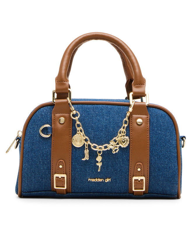 Madden Girl Abryced denim bag with contrasting tan faux-leather trim, side view