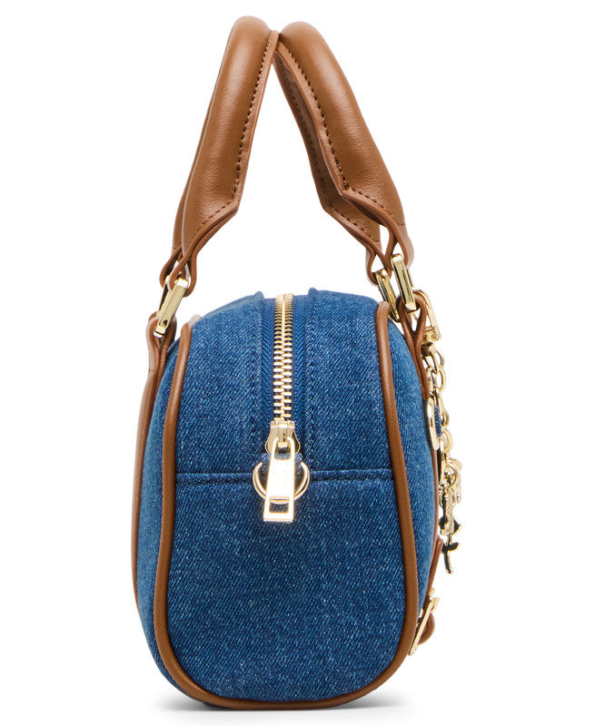 Madden Girl Abryced denim barrel bag with dual top handles, front view