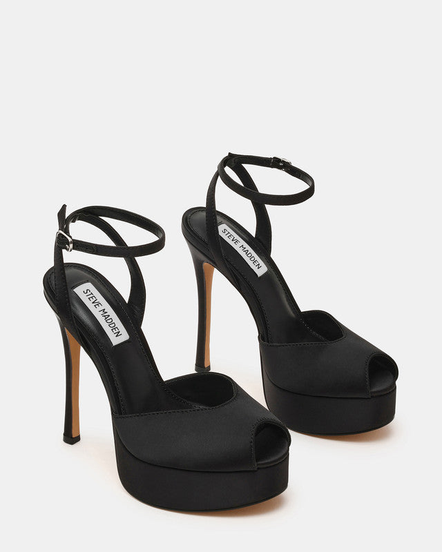 Steve Madden Martini Women's Black Satin Heeled Sandals - pair three-quarter view