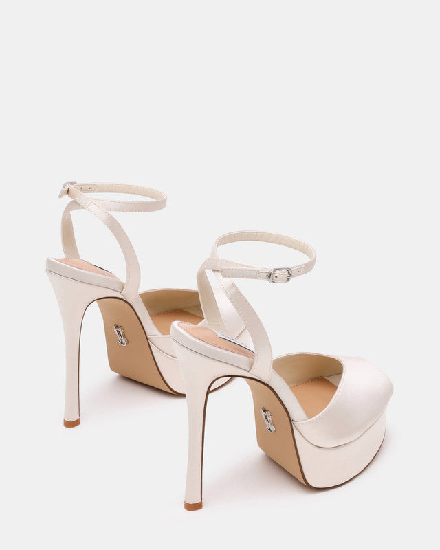 Steve Madden Martini Women's Ivory Satin Heeled Sandals - pair three-quarter view