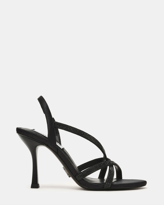 Steve Madden Nexus Women's Black Satin Heeled Sandals - side profile