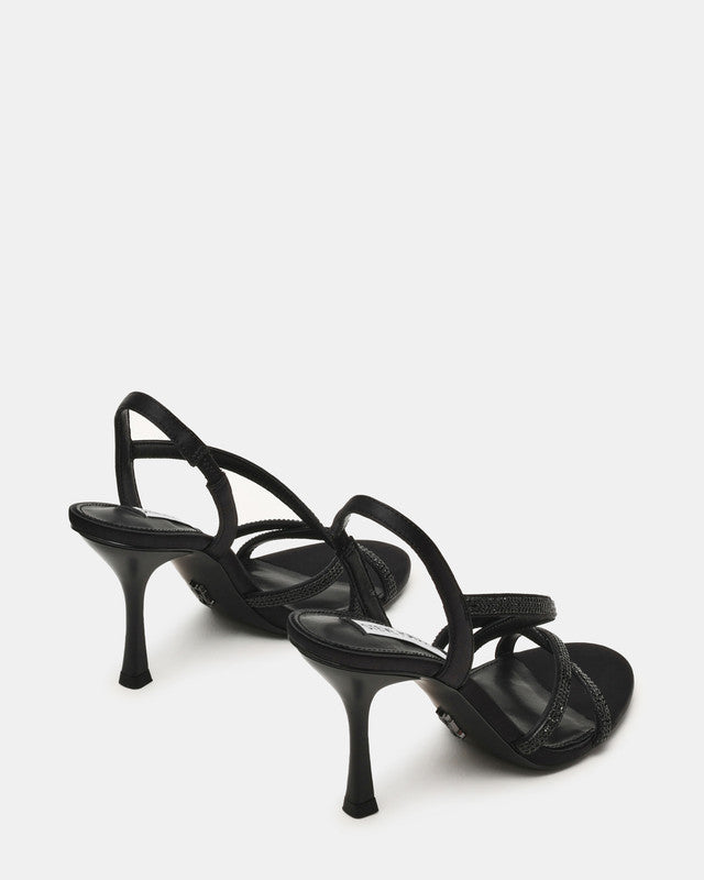 Steve Madden Nexus Women's Black Satin Heeled Sandals - pair three-quarter view