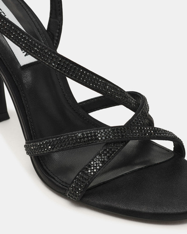 Steve Madden Nexus Women's Black Satin Heeled Sandals - strap detail close-up - view 3