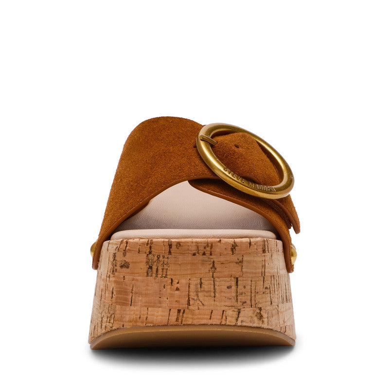 Steve Madden Pedestal women's brown suede wedge sandals, angled view