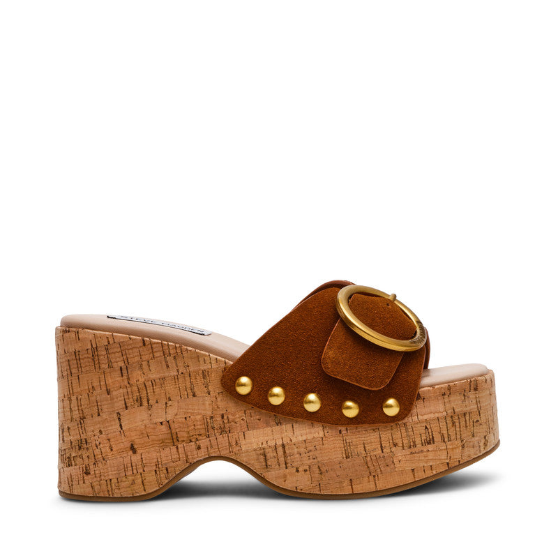 Steve Madden Pedestal women's brown suede wedge sandals, back view