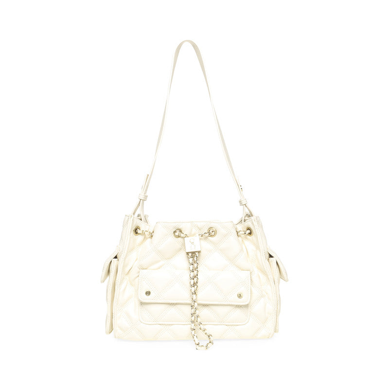 An off-white quilted leather shoulder bag with gold-tone hardware, a front flap pocket, and a decorative chain detail, shown against a plain white background.