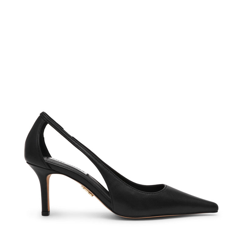 Steve Madden Altra black leather ankle-strap heels, side view