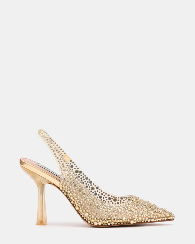 Steve Madden Jeweler women's gold iridescent rhinestone heels, product view 1
