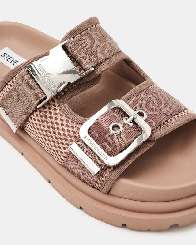 Steve Madden Oh Dear Women's Taupe Flat Sandals - buckle detail close-up - view 4