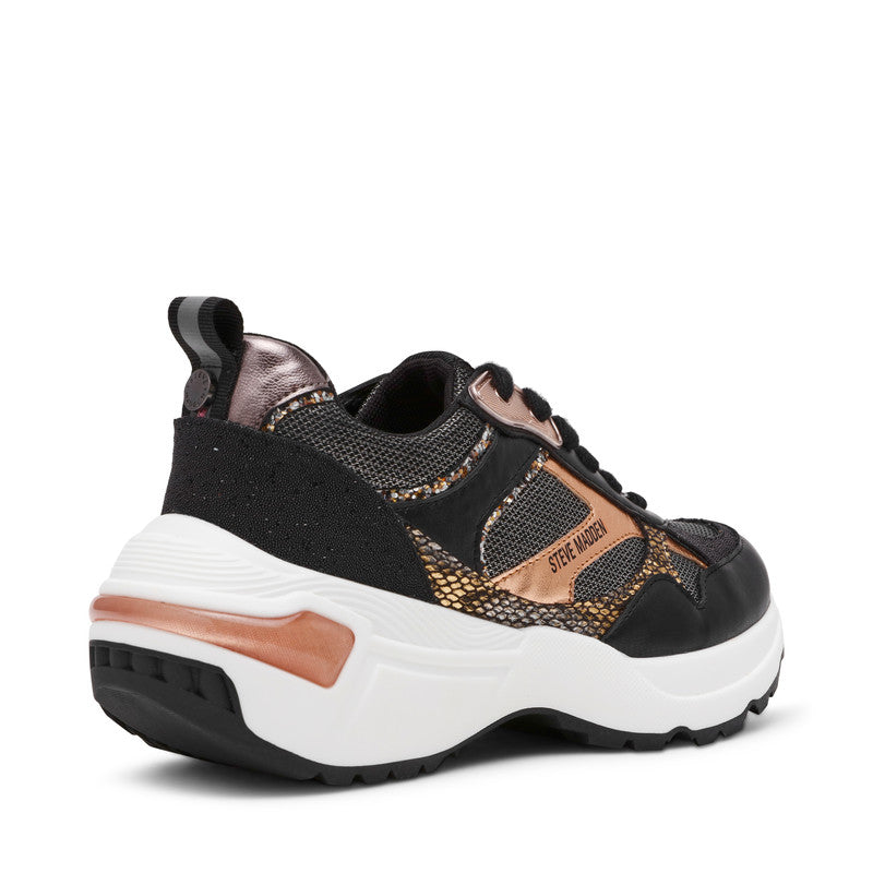 Steve Madden Stimulis women's black and bronze sneakers, angled view